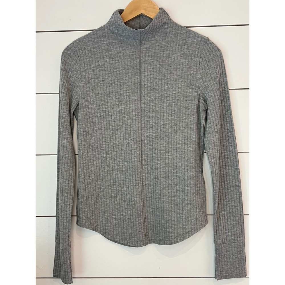 Madewell MWL Ribbed Mock Neck Long Sleeve Top Gray Thumbhole Small minimalist